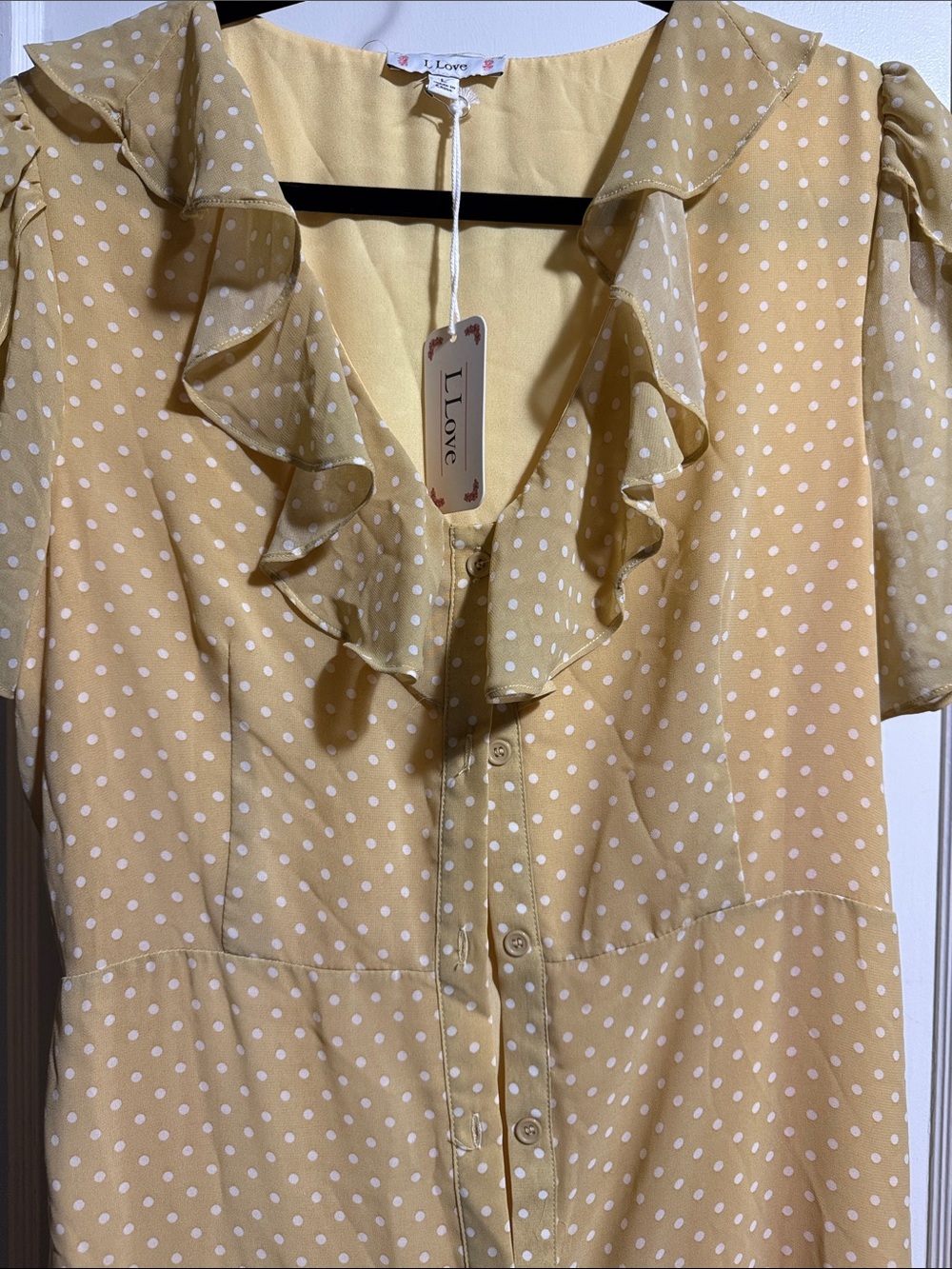 Sunny Yellow Polka Dot Ruffle Button-Front Dress - Picture 2 of 3